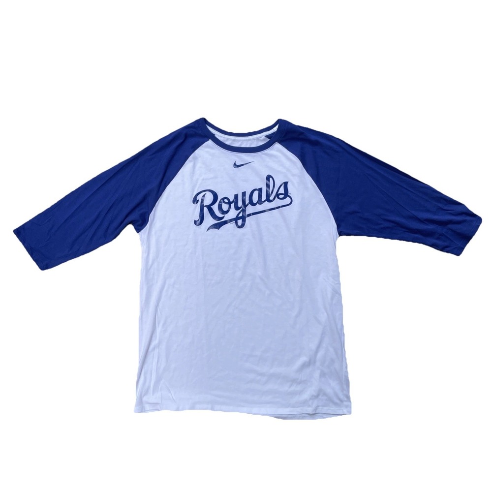 Nike Kansas City Royals Baseball Tee Men Large 3/4 Sleeve Navy White Size Large
